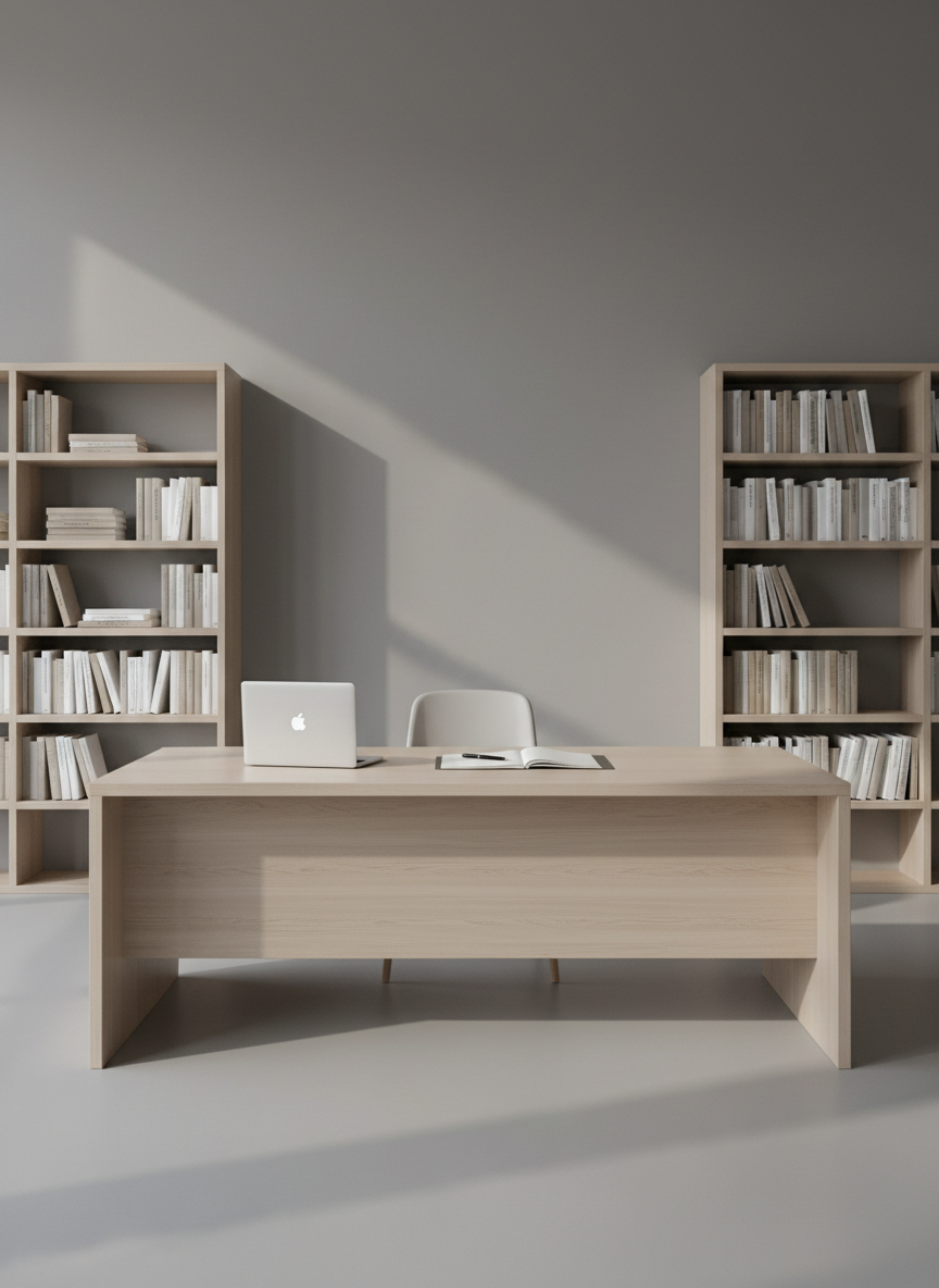 A pristine, minimalist study desk made from pale ash wood with a smooth, satiny finish, positioned against a muted gray wall in an uncluttered academic office space. On the desk, a closed silver laptop sits neatly beside a single, elegant stack of off-white notepads and a matte black pen. The environment features sharp, geometric lines, flanked by built-in bookshelves with a limited selection of neatly arranged white and taupe books. Soft, indirect daylight streams in from an unseen window to the left, casting understated linear shadows and subtle highlights, creating a calm, focused atmosphere. Captured from a slightly elevated, rule-of-thirds angle to emphasize both order and spaciousness in a photographic minimalist style.